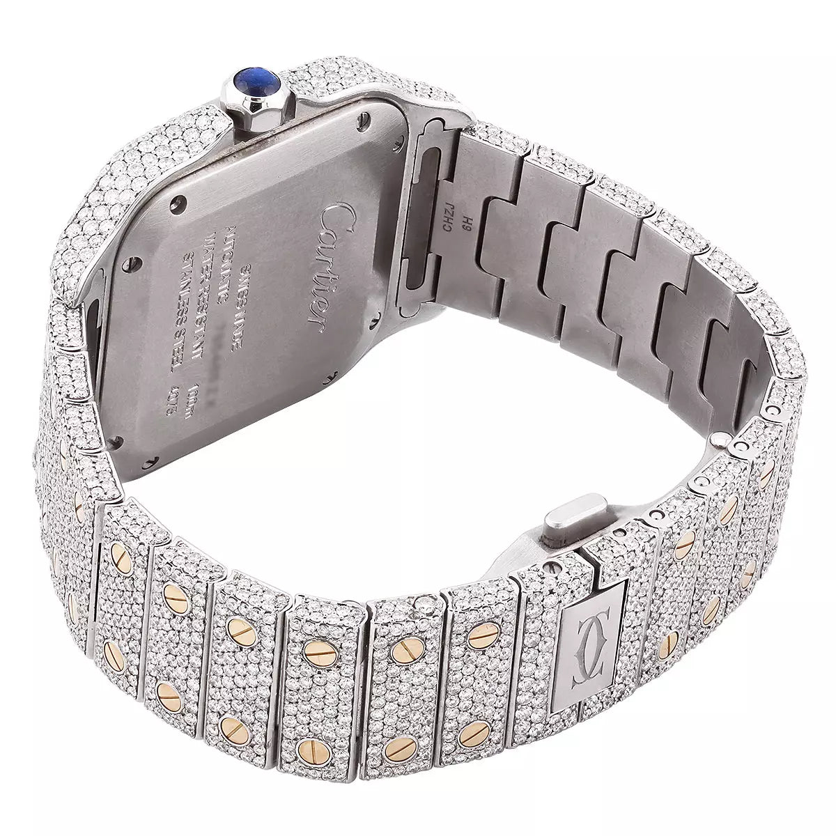 Iced Out moissanite Cartier Santos Gold Stainless Steel Diamond Watch | 35mm Diamond Bezel