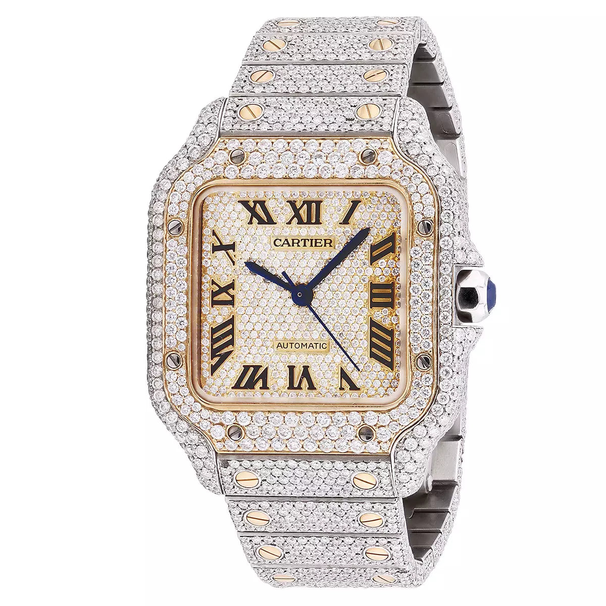 Iced Out moissanite Cartier Santos Gold Stainless Steel Diamond Watch | 35mm Diamond Bezel