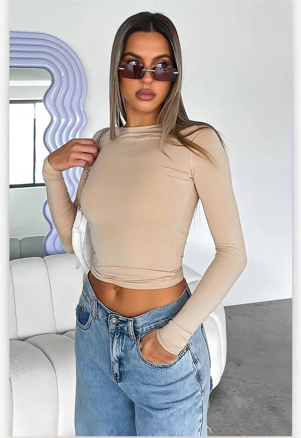 Long Sleeve U Neck Crop Top Women