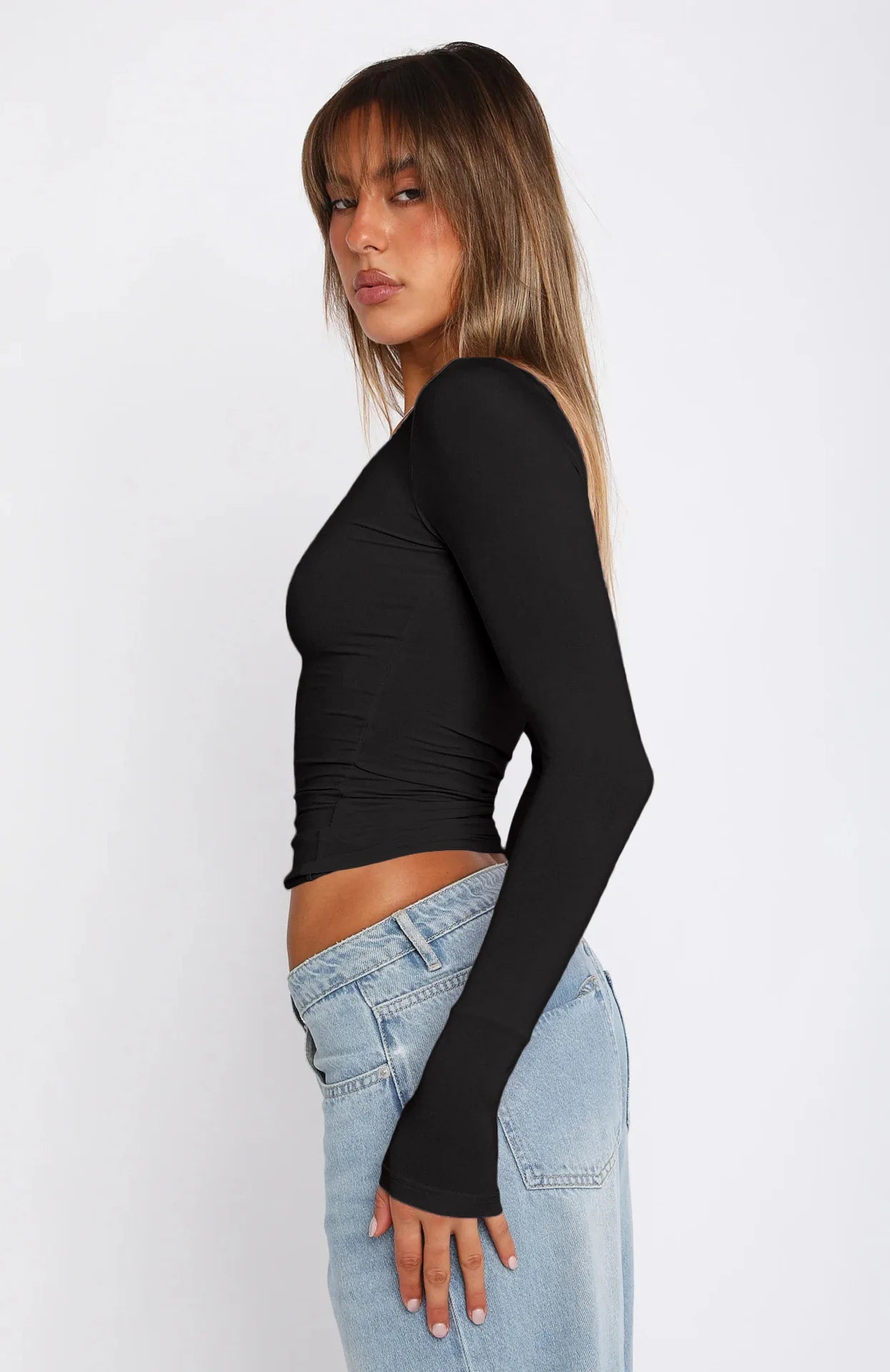 Long Sleeve U Neck Crop Top Women