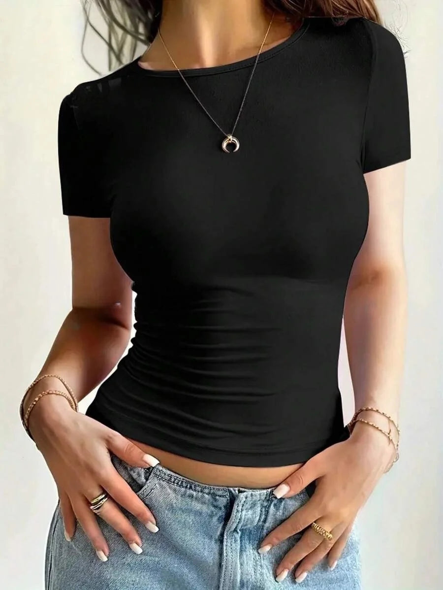 Womens Basic T-Shirts Scoop Neck Short Sleeve Crop Tops