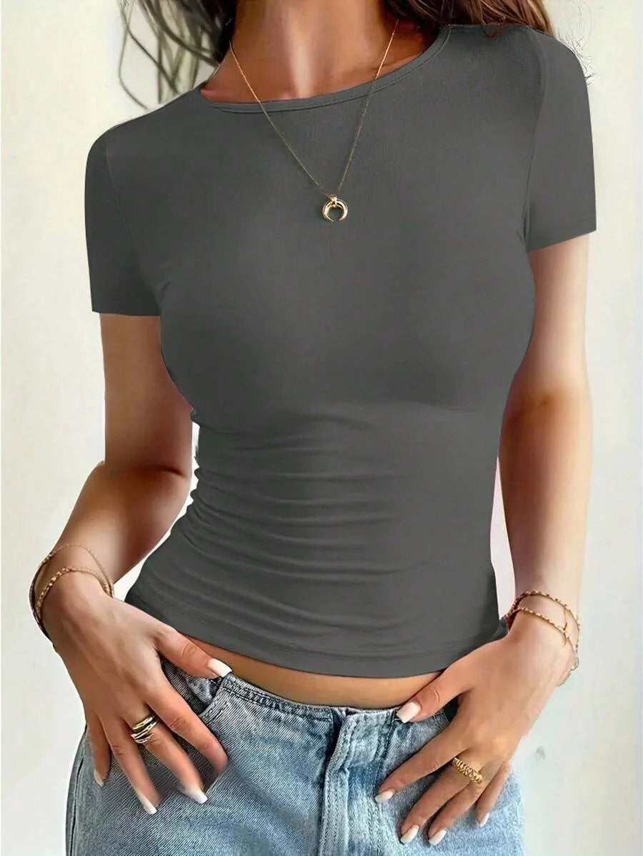 Womens Basic T-Shirts Scoop Neck Short Sleeve Crop Tops