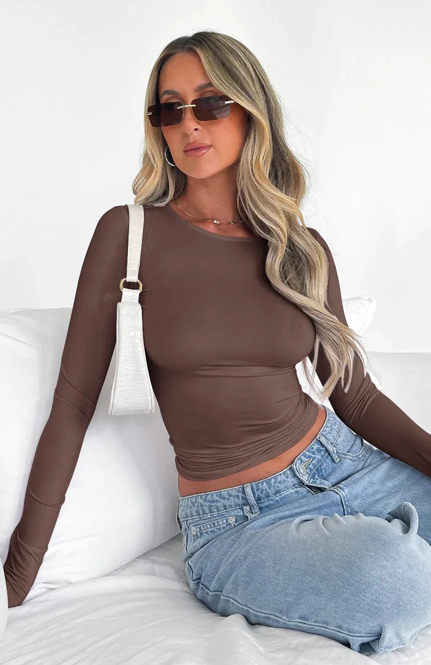 Long Sleeve U Neck Crop Top Women